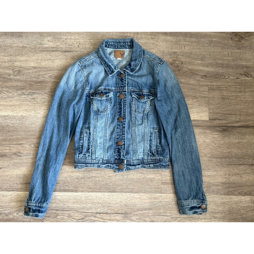 AE American Eagle Y2K Medium Wash Denim Trucker Jacket Women's Large